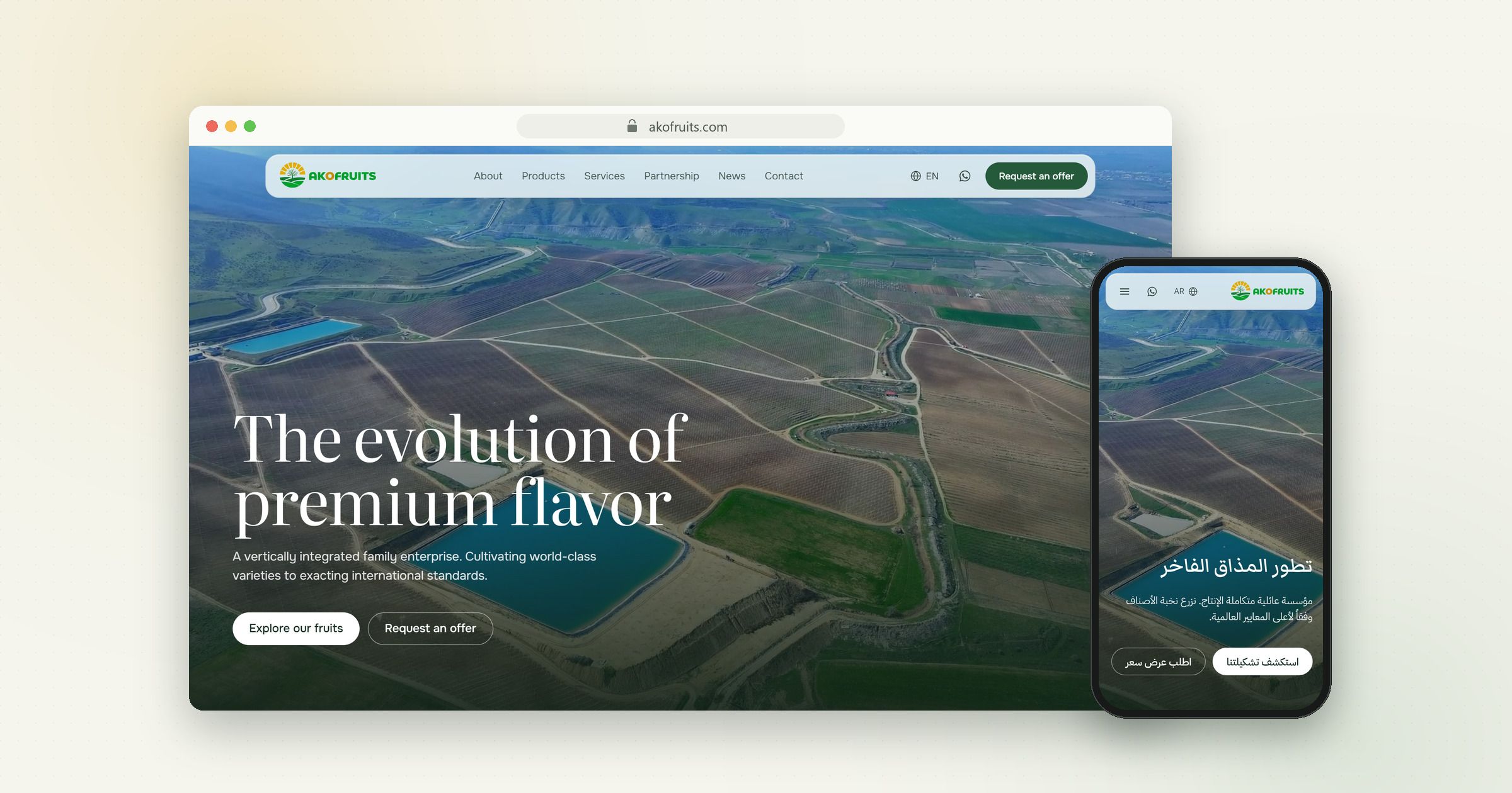 The new Akofruits home page in a browser window in English and on a phone in Arabic
