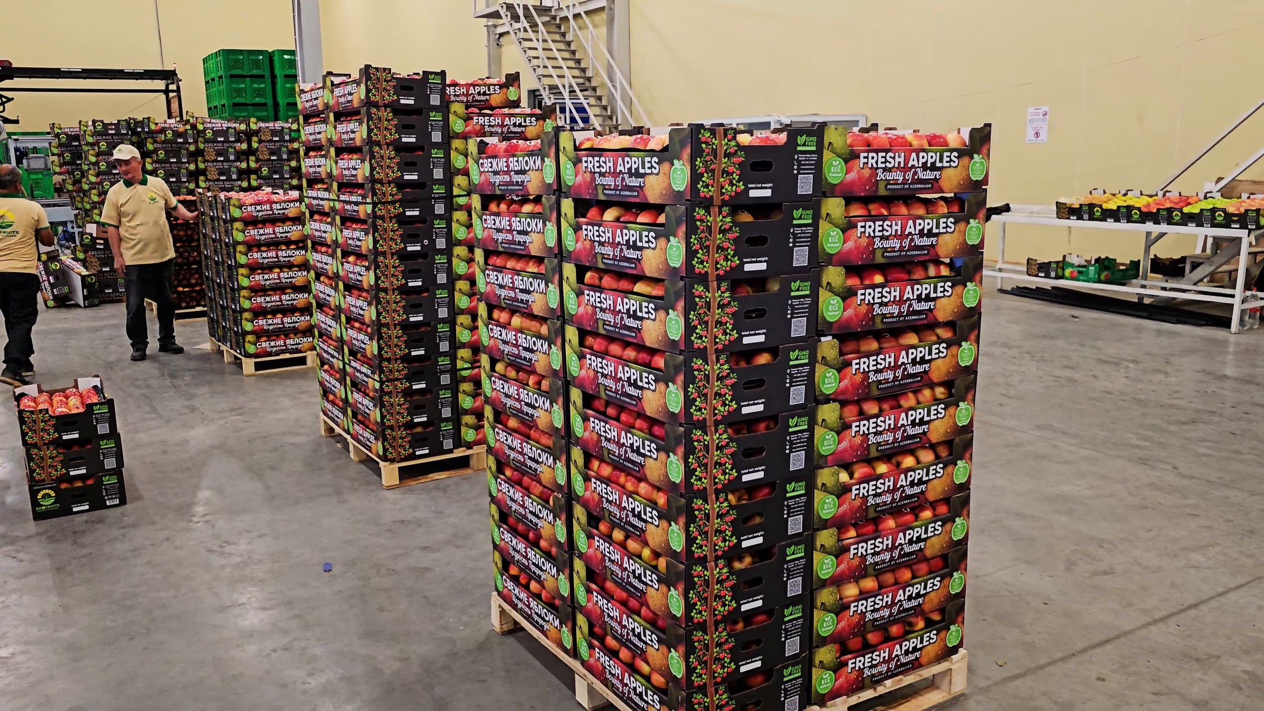 Pallets of packed Akofruits apples ready for dispatch